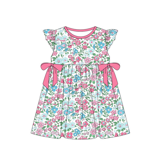 Baby Girls Pink Flowers Bows Knee Length Dresses Preorder