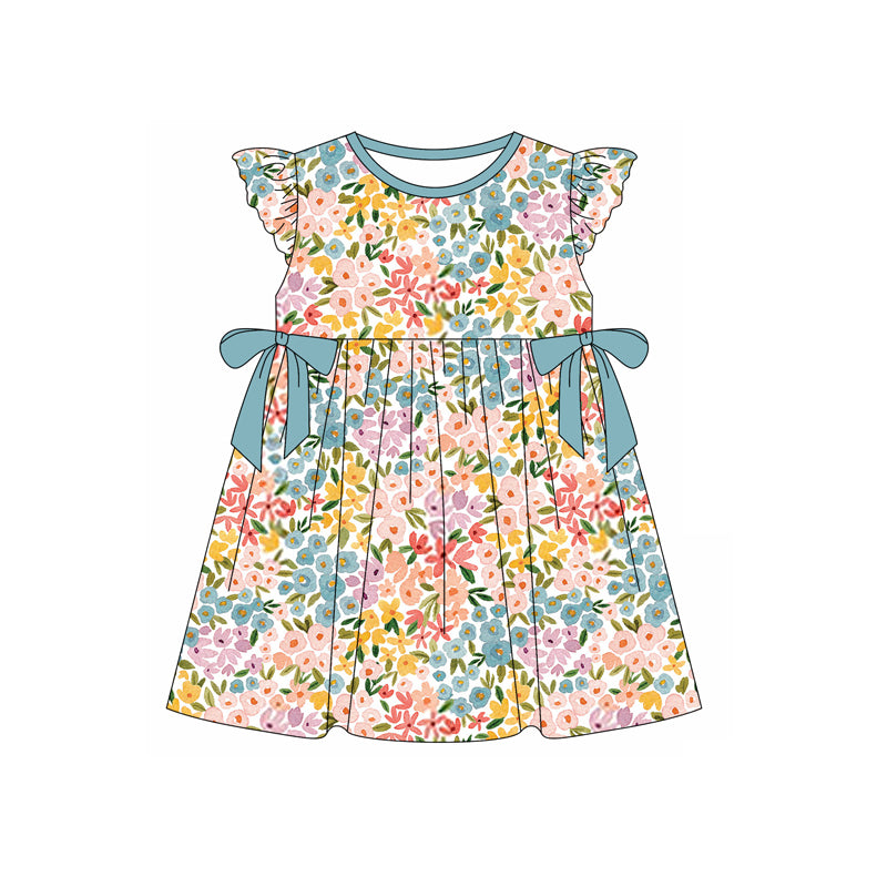 Baby Girls Blue Flowers Flutter Sleeve Bows Knee Length Dresses Preorder