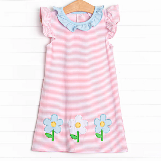 Baby Girls Pink Stripes Flowers Flutter Sleeve Knee Length Dresses Preorder