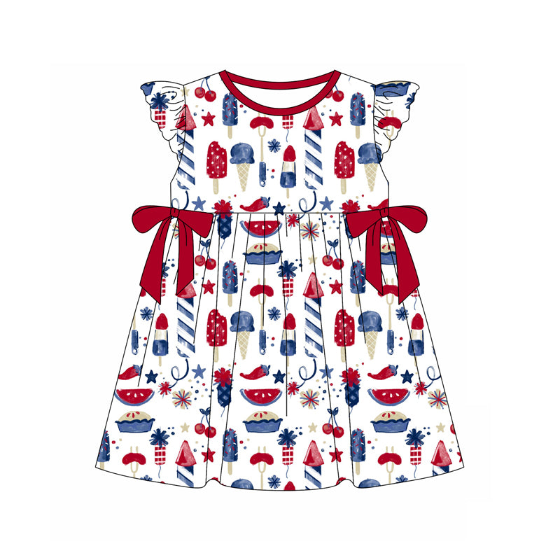 Baby Girls 4th Of July Popsicle Flutter Sleeve Bows Knee Length Dresses Preorder