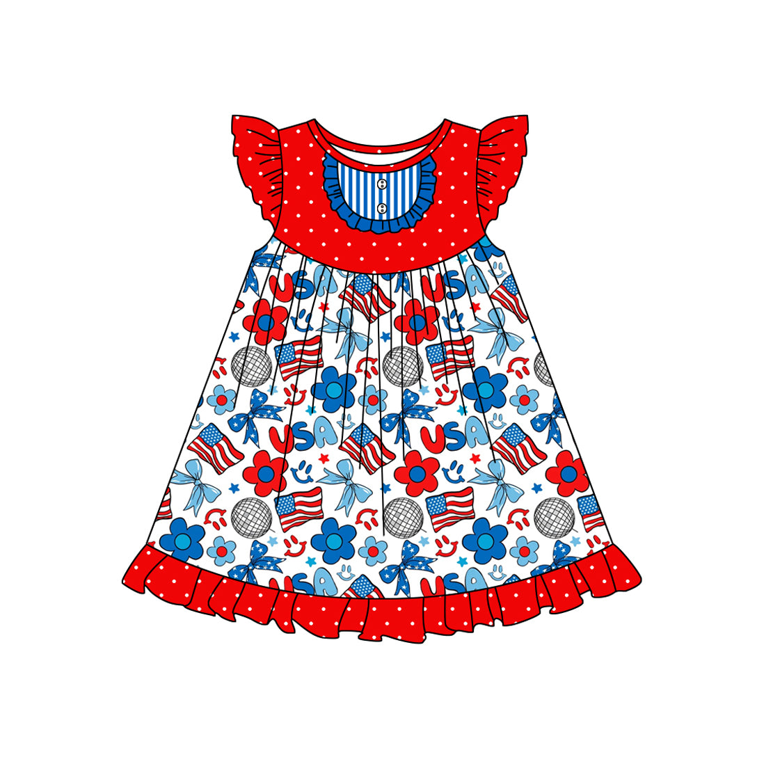Baby Girls 4th Of July Flags USA Bows Knee Length Dresses Preorder