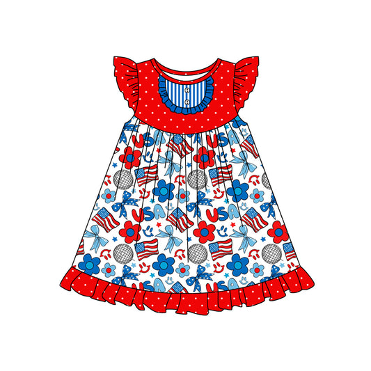 Baby Girls 4th Of July Flags USA Bows Knee Length Dresses Preorder