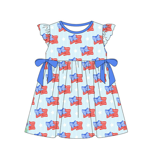 Baby Girls 4th Of July Flags Bows Knee Length Dresses Preorder