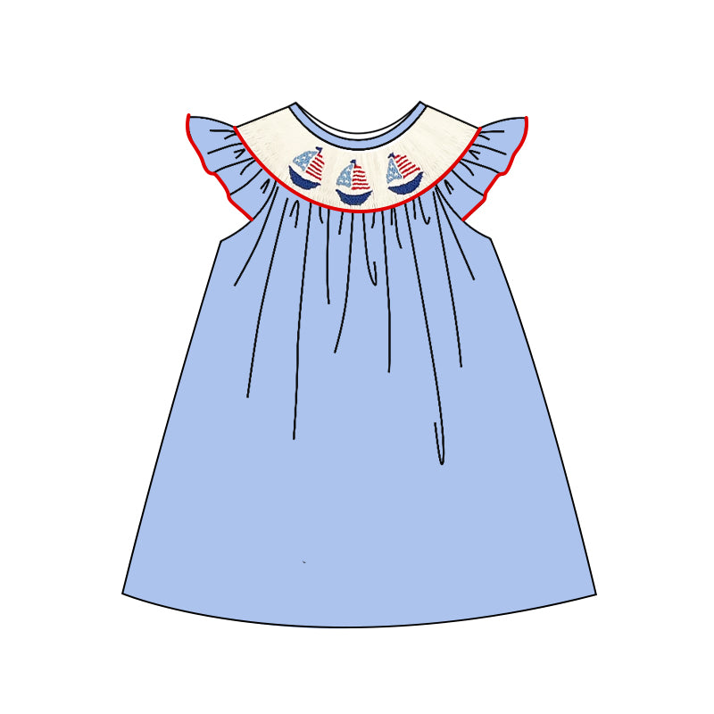 Smocked Baby Girls 4th Of July Sailboats Knee Length Dresses
