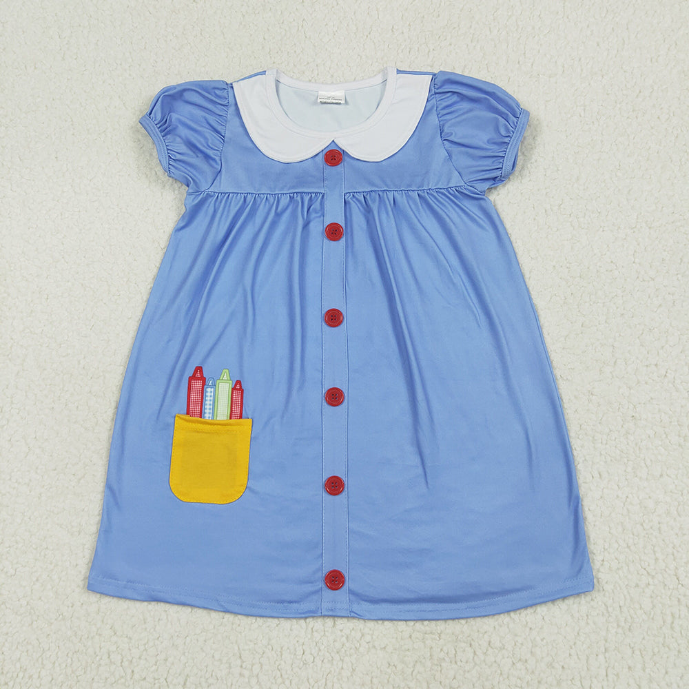 Embroidery Baby Girls Apple Back To School Buttons Dresses