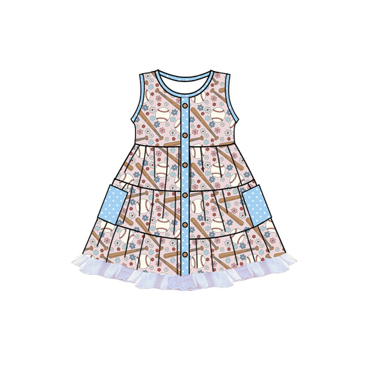 Baby Girls Baseball Flowers Pockets Ruffle Dresses Preorder