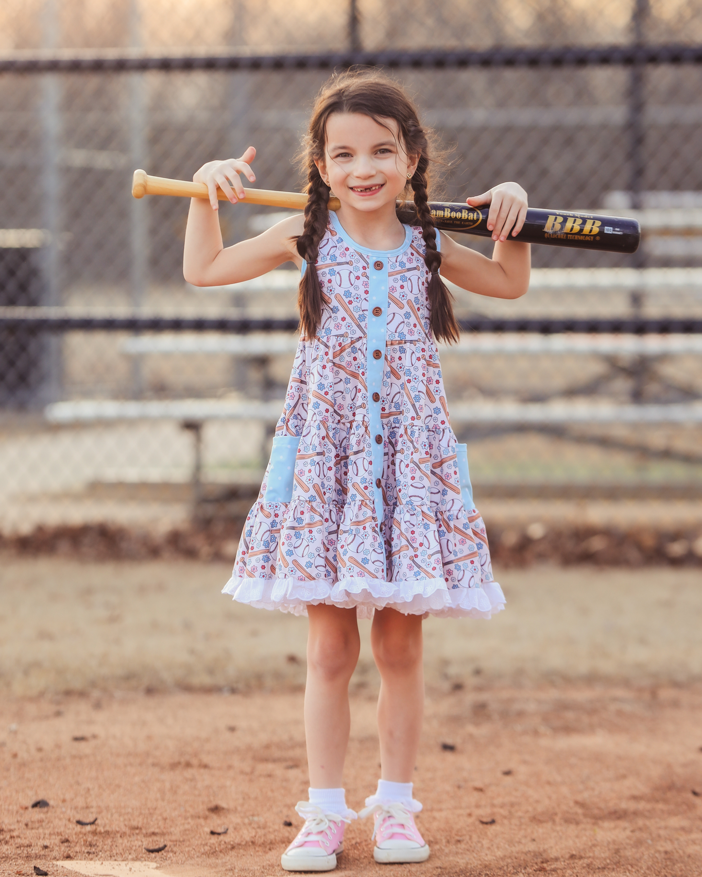 Baby Girls Baseball Flowers Pockets Ruffle Dresses Preorder
