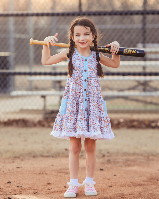 Baby Girls Baseball Flowers Pockets Ruffle Dresses Preorder