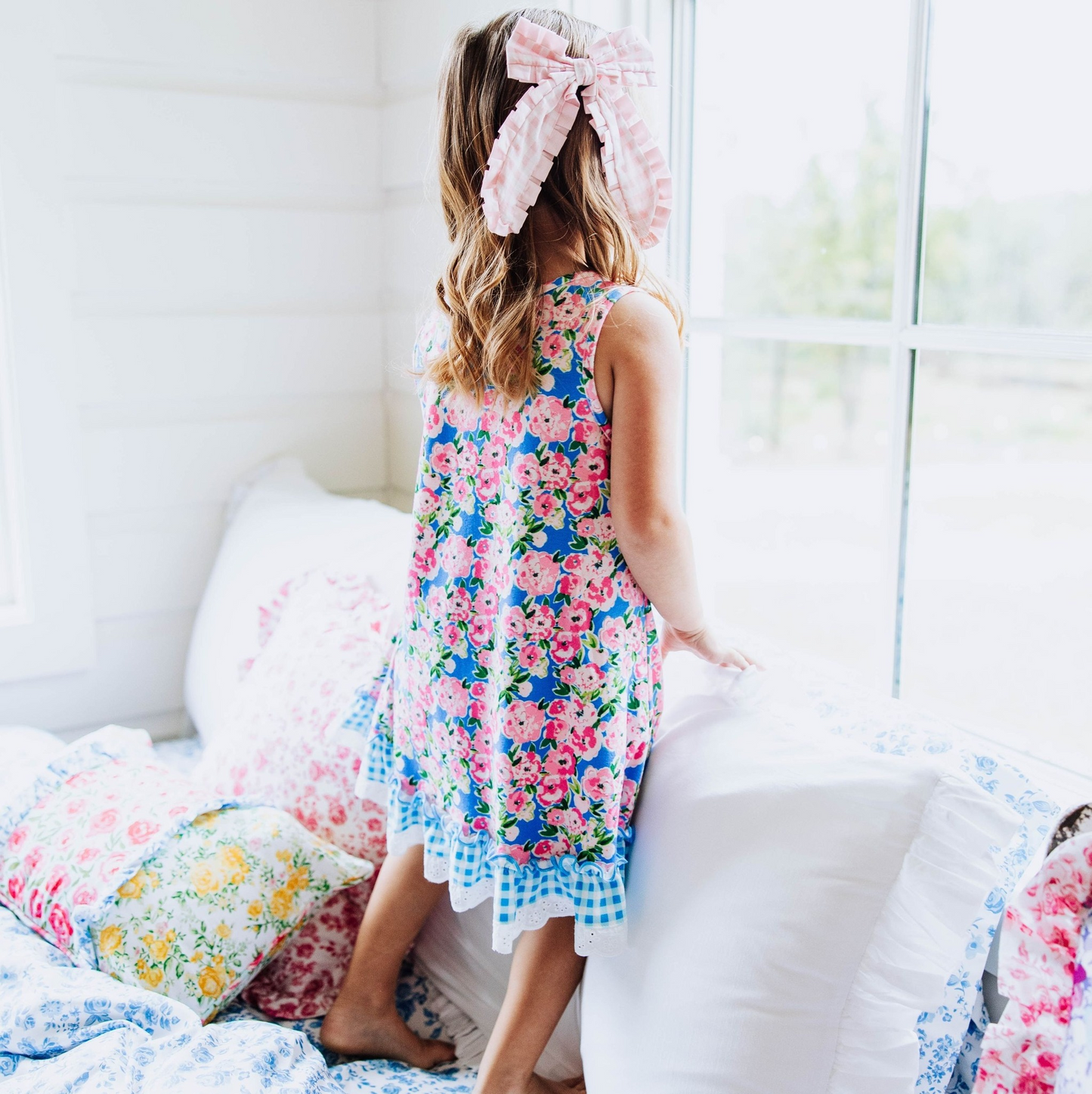 Baby Girls Blue Pink Flowers Sleeveless Ruffle Dresses Preorder
