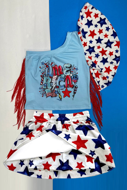 Baby Girls 4th Of July Stars America Fringe Tops Skort Clothes Sets Preorder