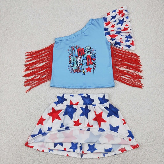 Baby Girls 4th of July America Fringe Shirt Skorts Clothes Sets