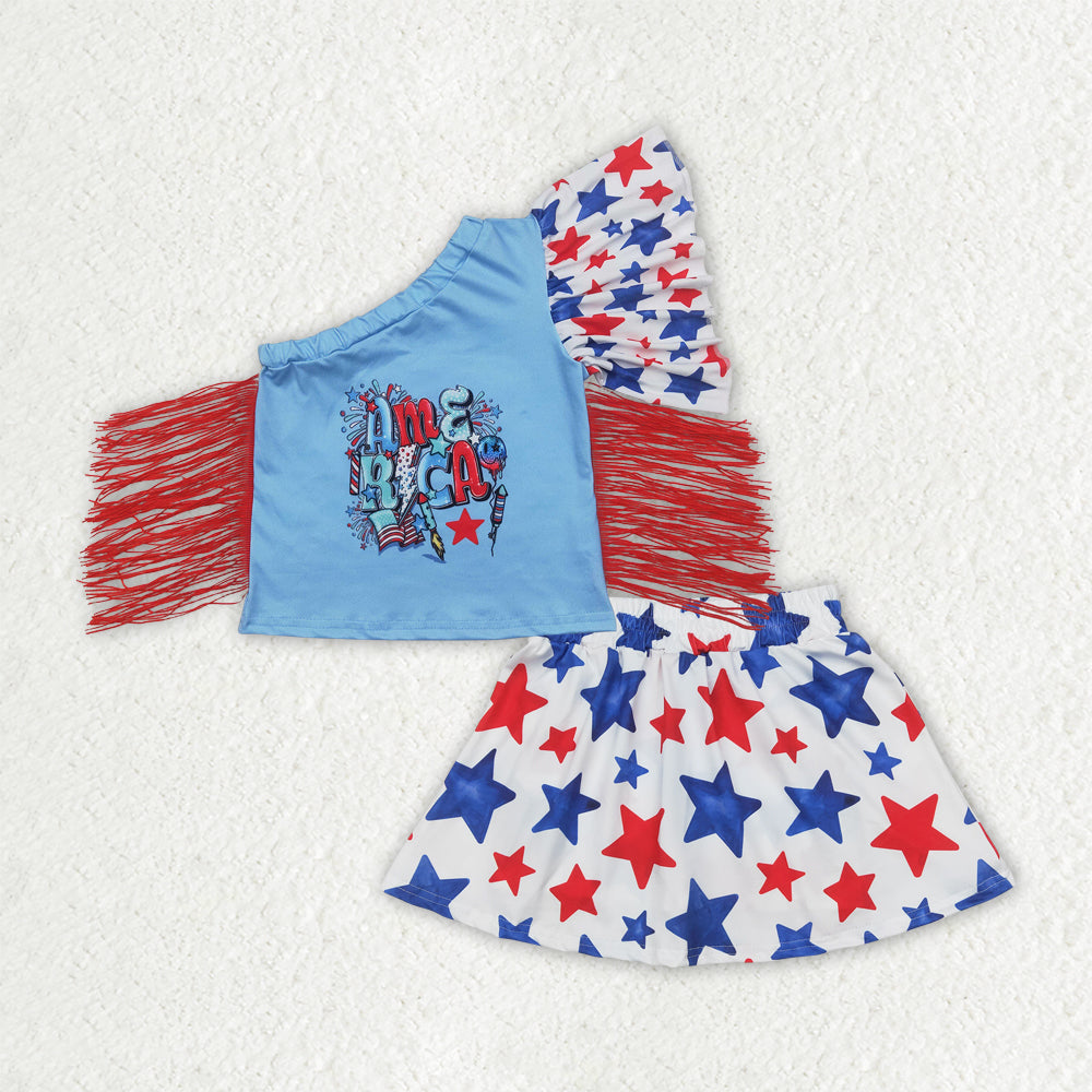 Baby Girls 4th of July America Fringe Shirt Skorts Clothes Sets