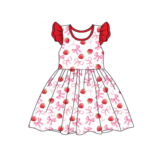 Baby Girls Strawberry Bows Flutter Sleeve Knee Length Dresses Preorder