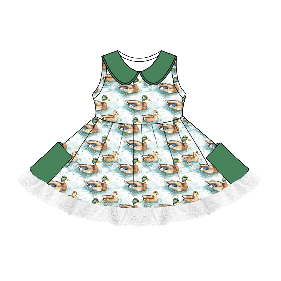 Baby Girlss Mallard Ducks Pocket Twirl Knee Length Dresses Preorder