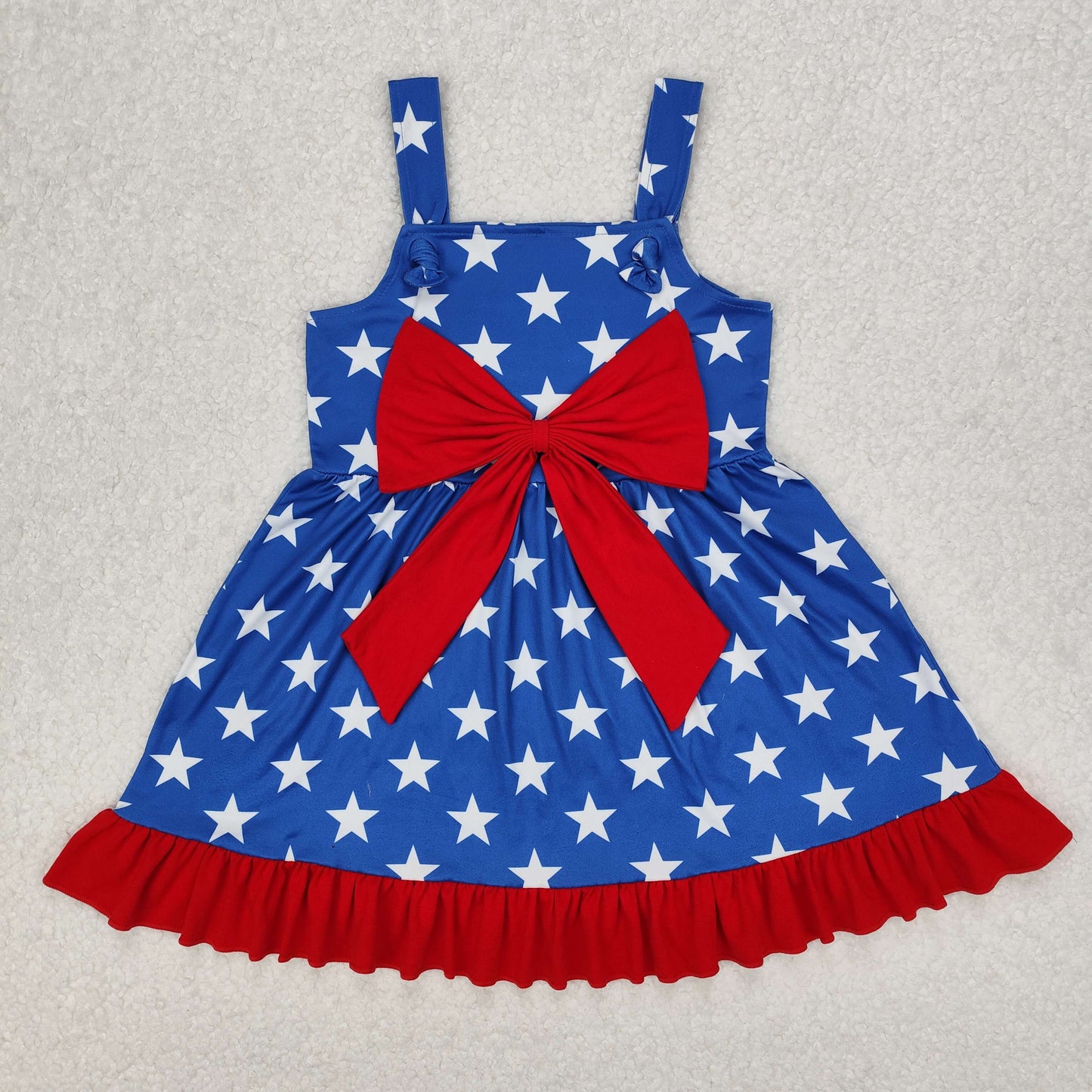 Sibling Baby Girls Strap Bows Cows 4th of July Western Ruffle Knee Length Dresses