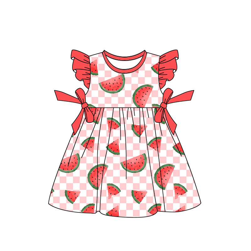Baby Girls Watermelon Bows Flutter Sleeve Knee Length Dresses Preorder