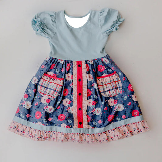 Baby Girls Flowers Pockets Knee Length Ruffle Dresses Preorder