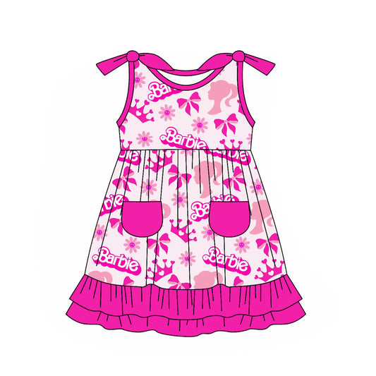 Baby Girls Doll Pink Ruffle Pockets Knee Length Dresses Preorder