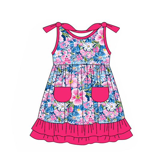 Baby Girls Blue Pink Flowers Tunic Ruffle Knee Length Dresses Preorder