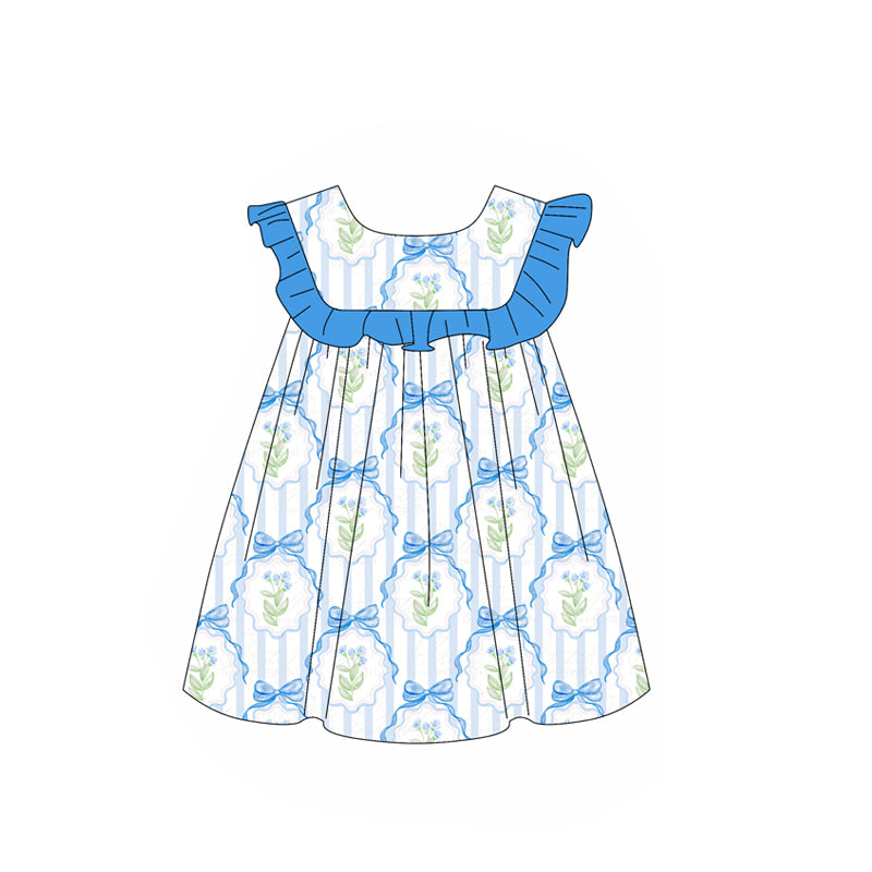 Baby Girls Blue Bows Flowers Knee Length Dresses Preorder