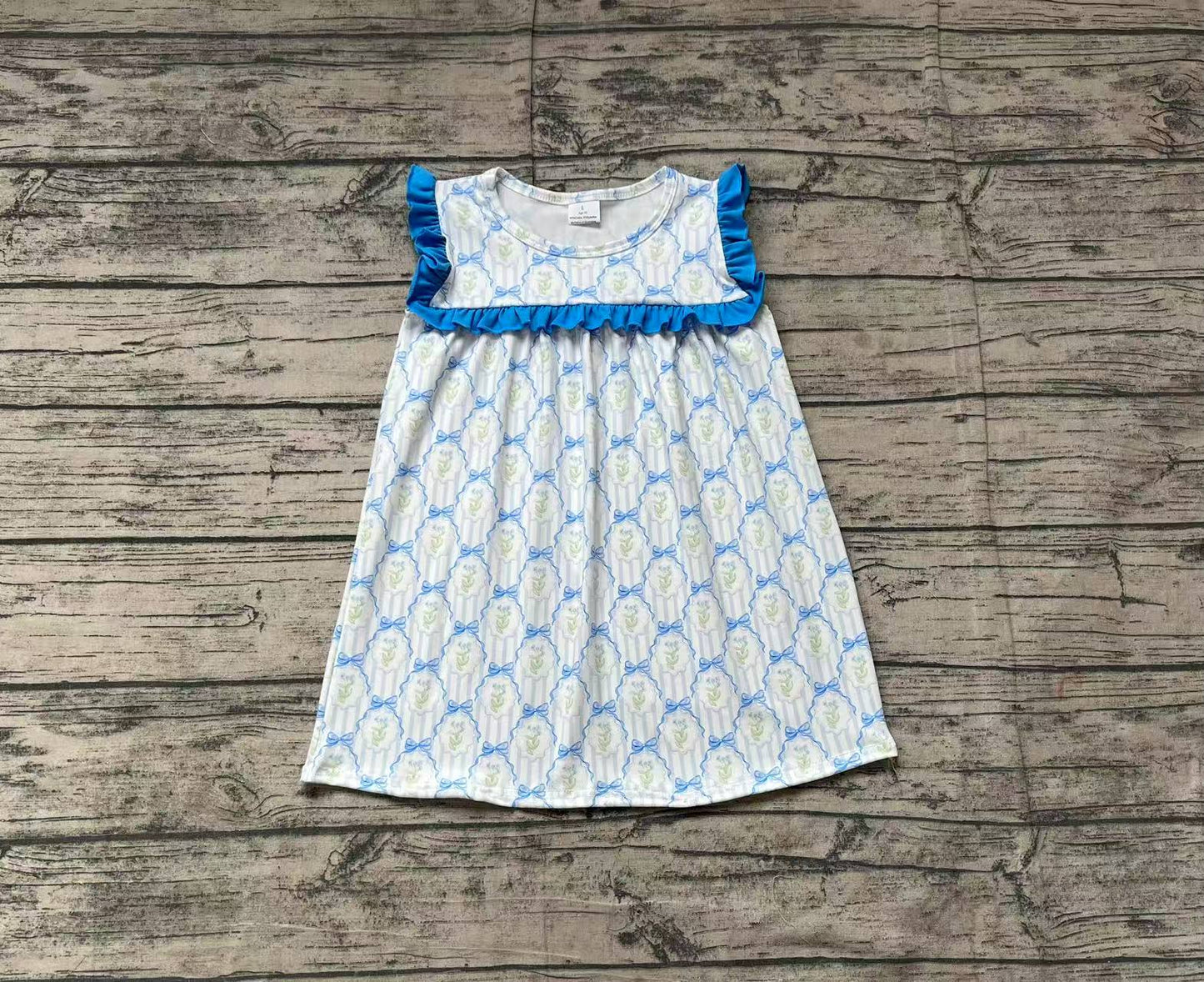 Baby Girls Blue Bows Flowers Knee Length Dresses Preorder