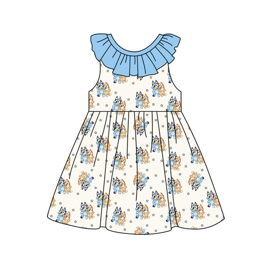 Baby Girls Blue Dog Stars Ruffle Knee Length Dresses Preorder