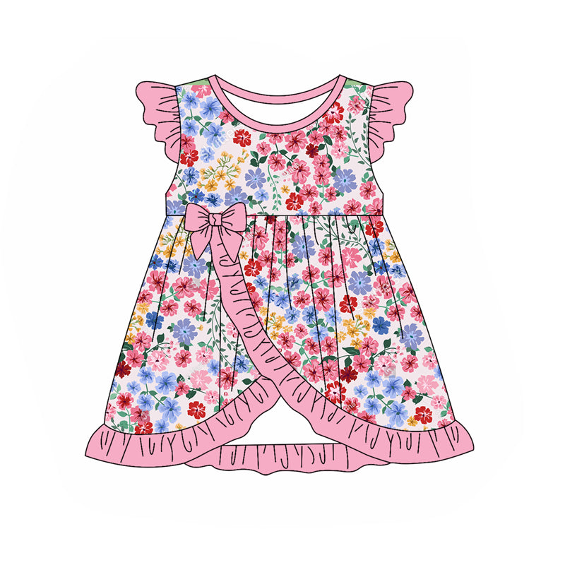 Baby Girls Pink Flowers Bows Ruffles Knee Length Dresses Preorder