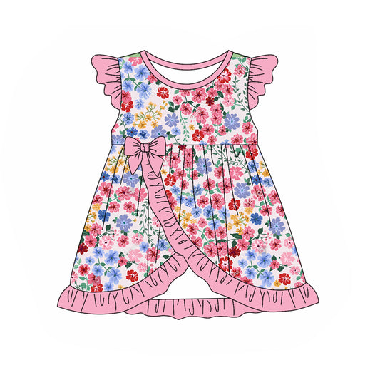Baby Girls Pink Flowers Bows Ruffles Knee Length Dresses Preorder