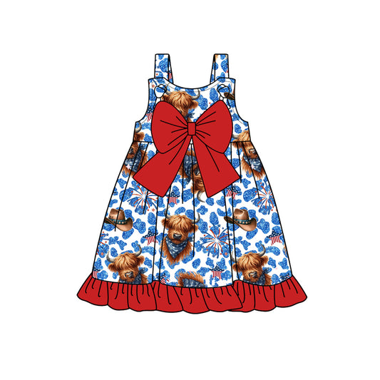 Baby Girls 4th Of July Highland Cow Bow Knee Length Dresses Preorder