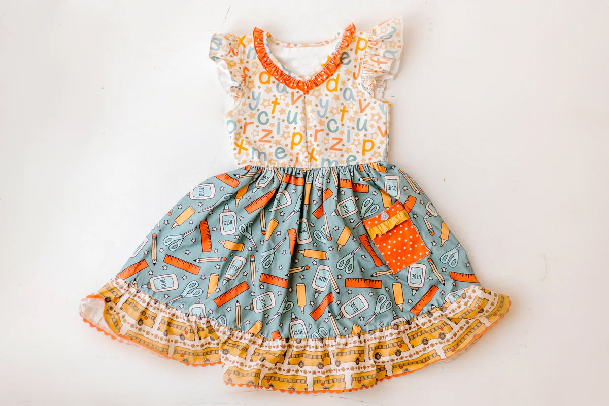 Baby Girls Back To School Bus Pencils Pocket Dresses Preorder