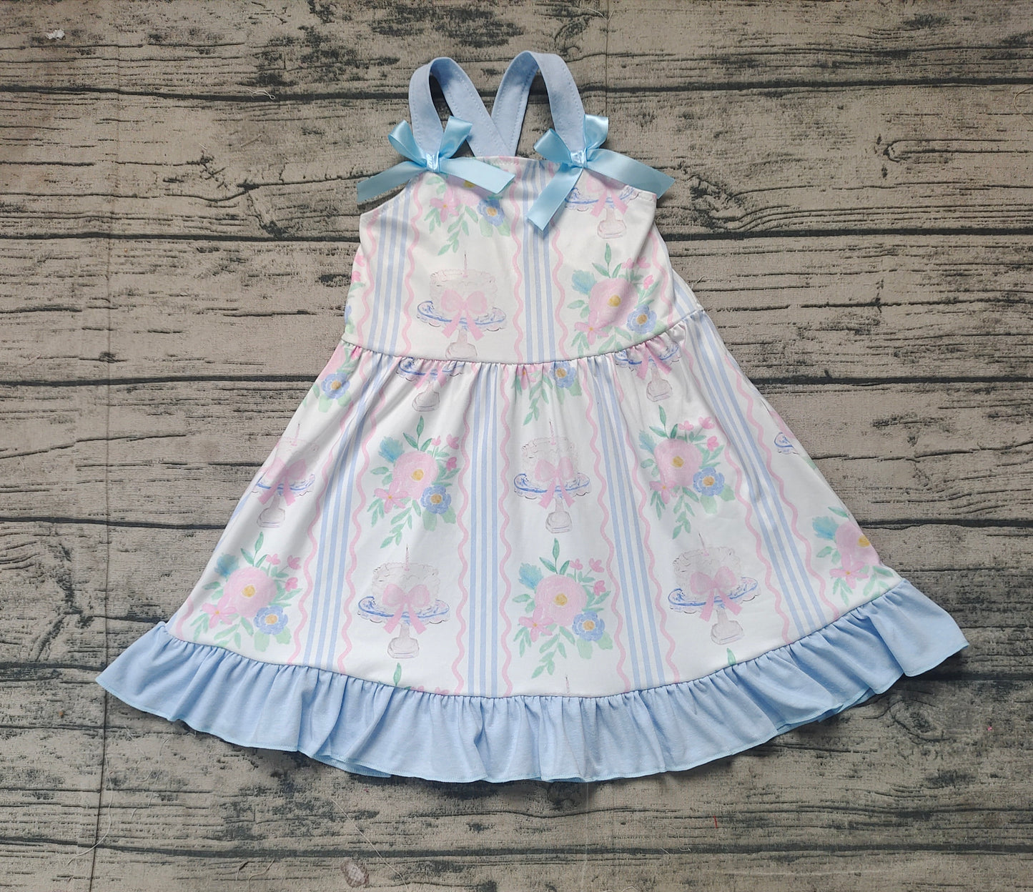 Baby Girls Flowers Cakes Straps Bows Knee Length Dresses