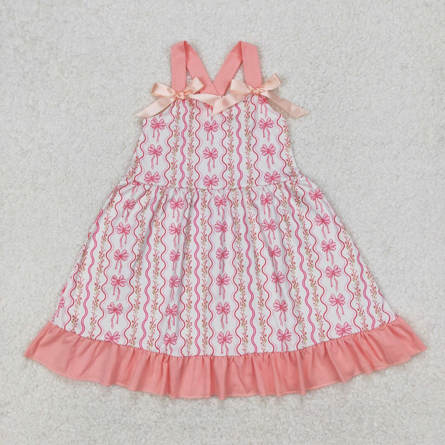 Sibling Baby Girls Bows Strap Button Pockets Floral Plaid Ruffle Knee Length Dresses