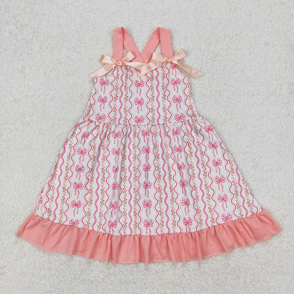 Baby Girls Pink Flowers Bows Straps Knee Length Dresses