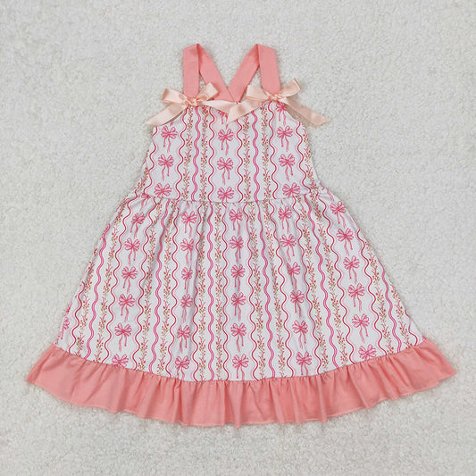 Baby Girls Pink Flowers Bows Straps Knee Length Dresses