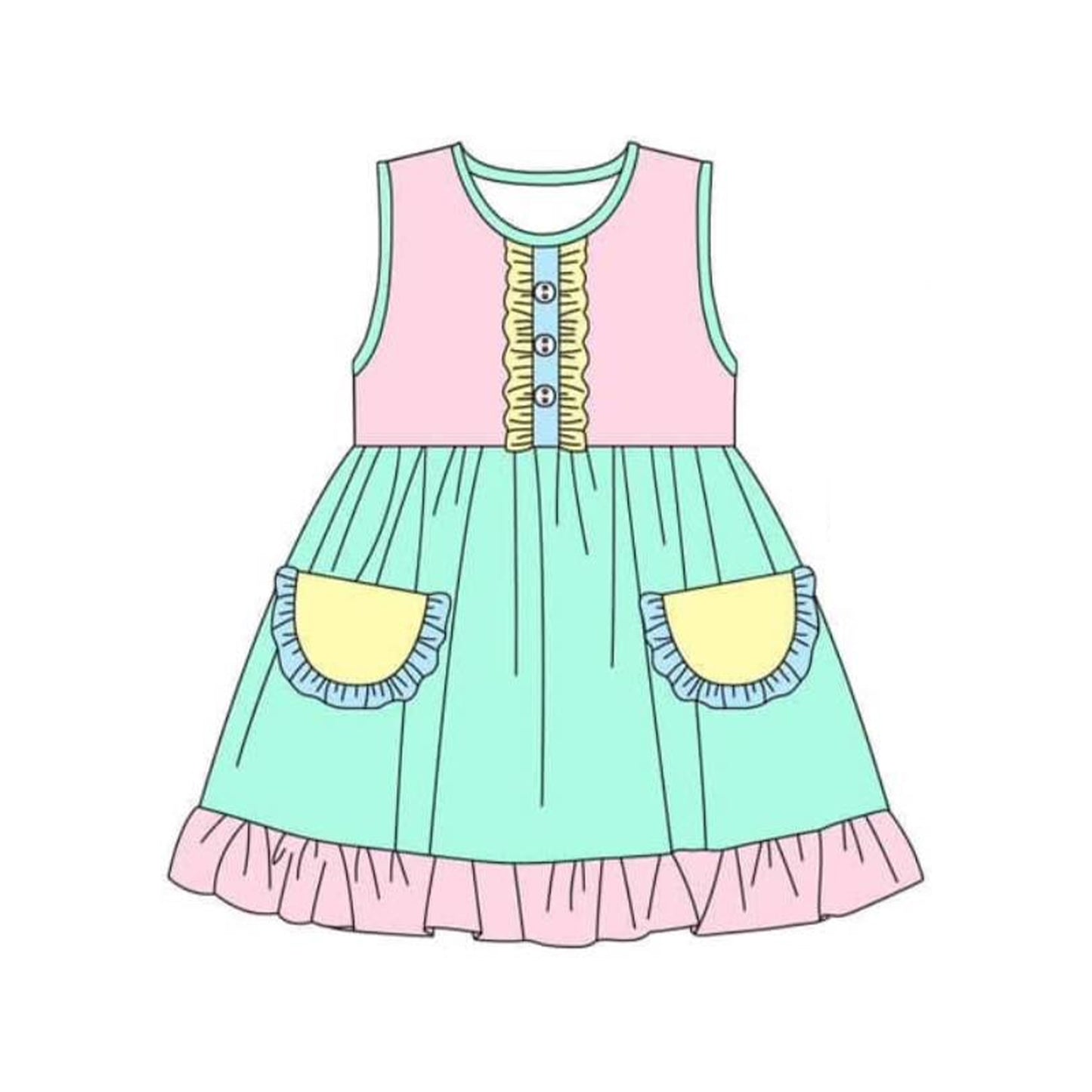 Baby Girls Pink Green Pockets Knee Length Dresses Preorder