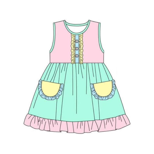 Baby Girls Pink Green Pockets Knee Length Dresses Preorder