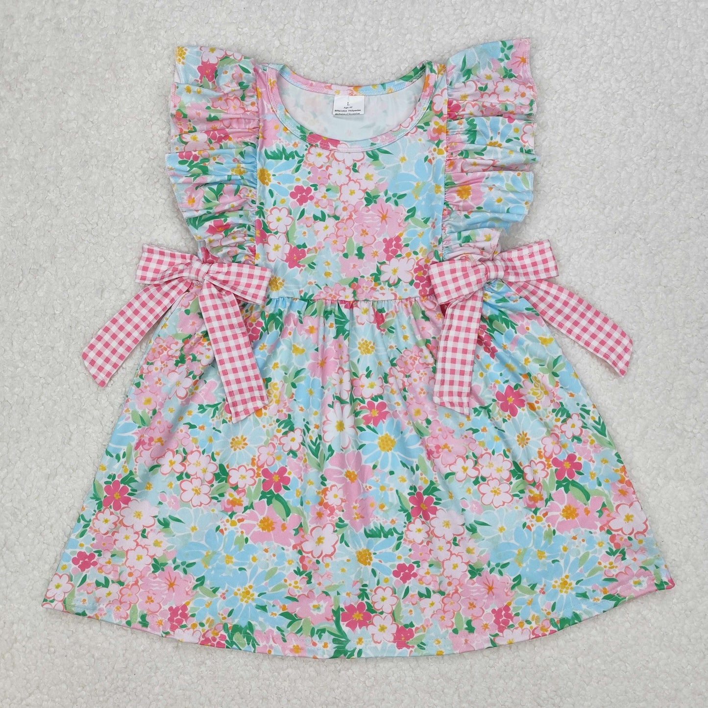 Sibling Baby Girls Sleeveless Flutter Sleeve Bows Flowers Plaid Knee Length Dresses