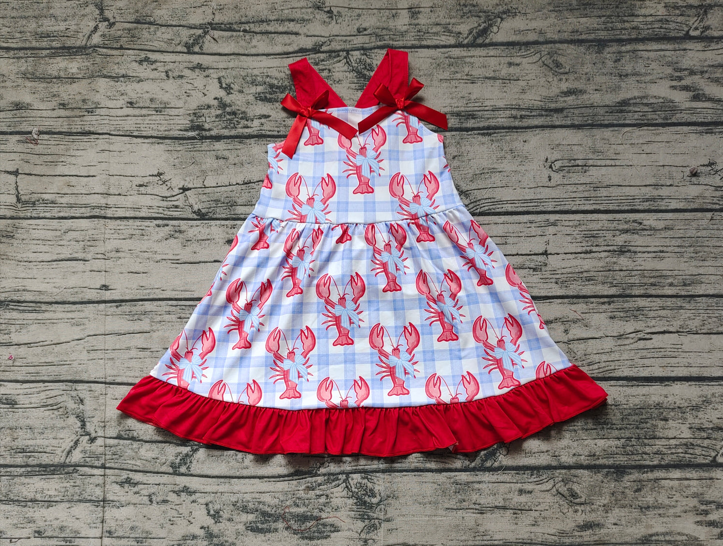 Baby Girls Blue Checkered Crawfish Bow Ruffle Knee Length Dresses