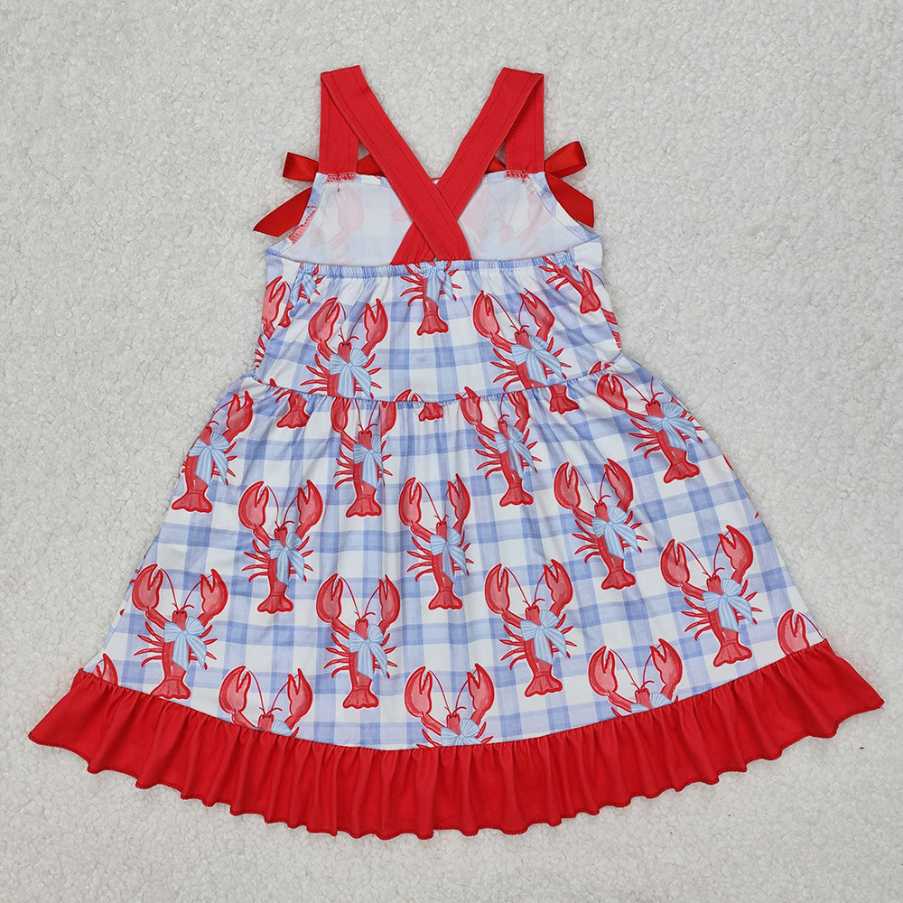 Baby Girls Blue Checkered Crawfish Bow Ruffle Knee Length Dresses