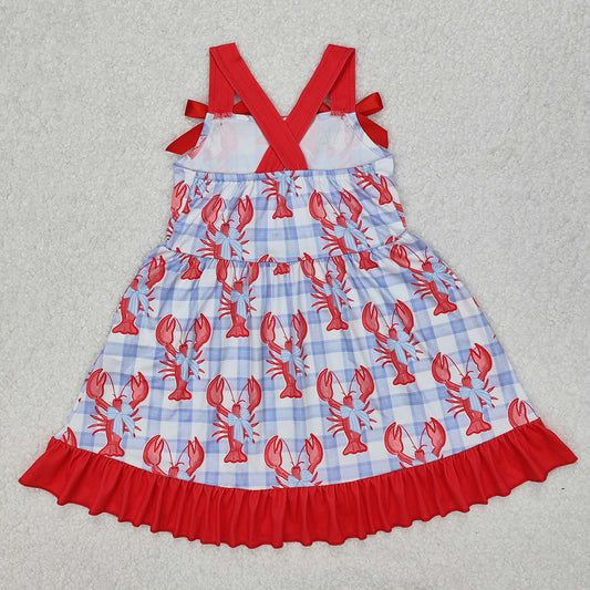 Baby Girls Blue Checkered Crawfish Bow Ruffle Knee Length Dresses