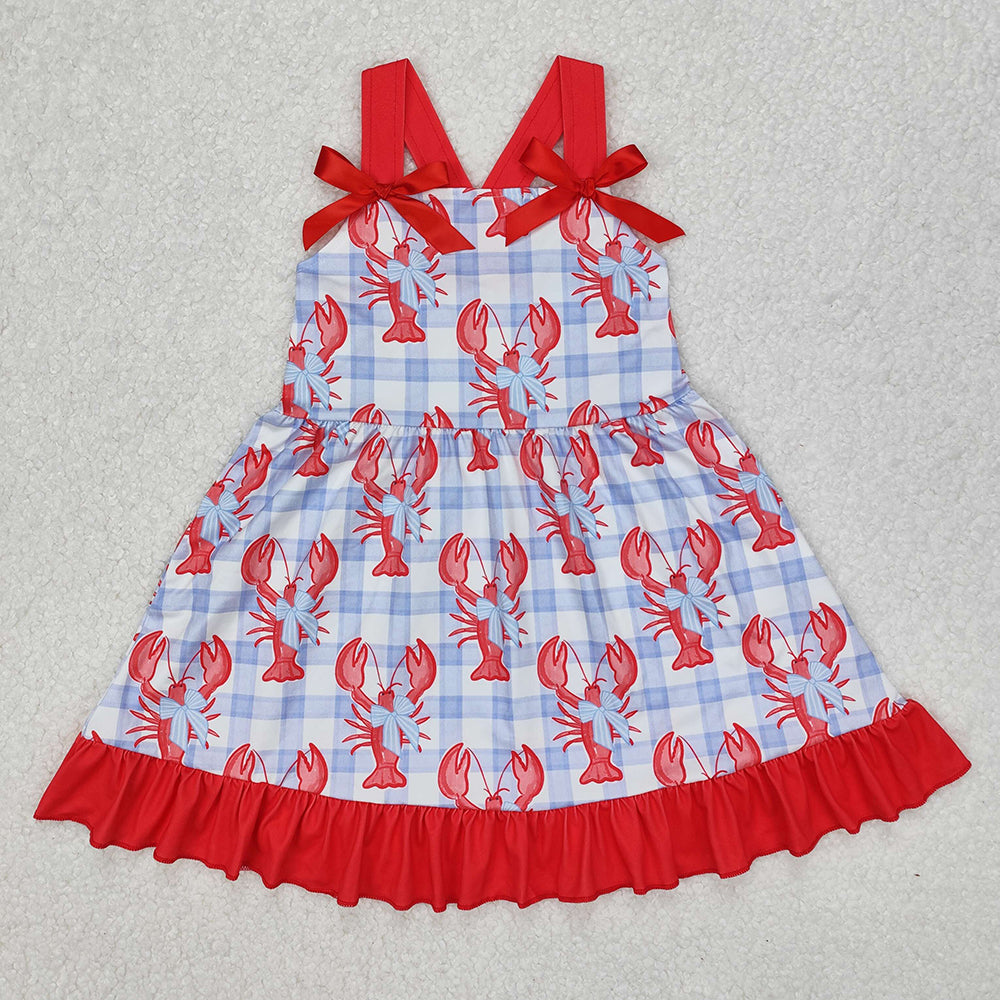 Baby Girls Blue Checkered Crawfish Bow Ruffle Knee Length Dresses