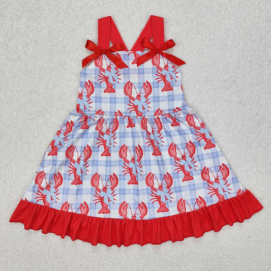 Baby Girls Blue Checkered Crawfish Bow Ruffle Knee Length Dresses