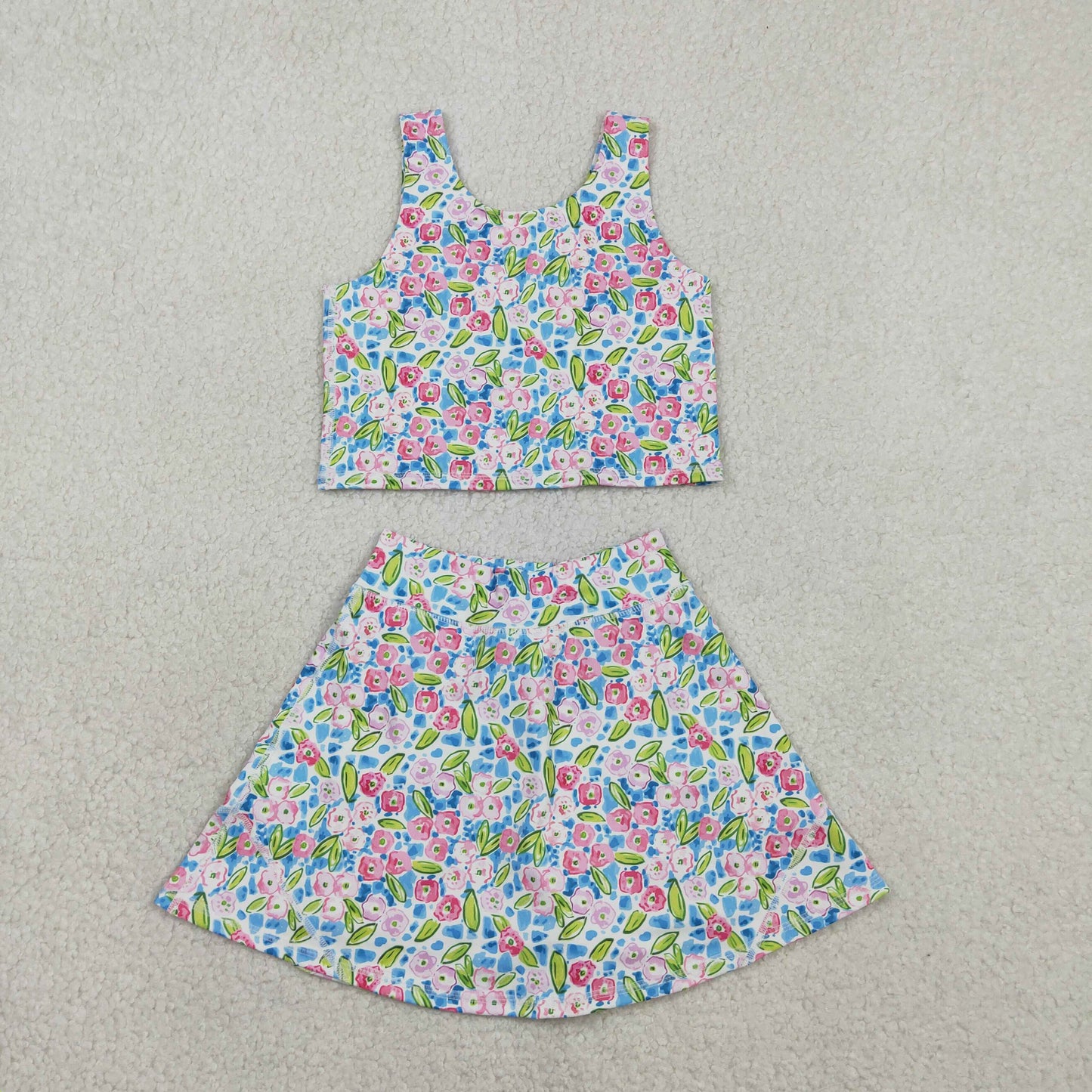 Sibling Baby Girls Flowers Sleeveless Athletic Skorts Sets Dresses