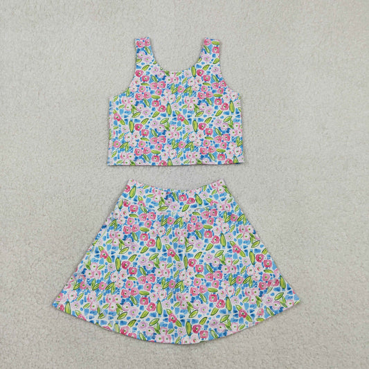 Baby Girls Blue Pink Floral Vest Top Shorts Skirts Yoga Activity Set