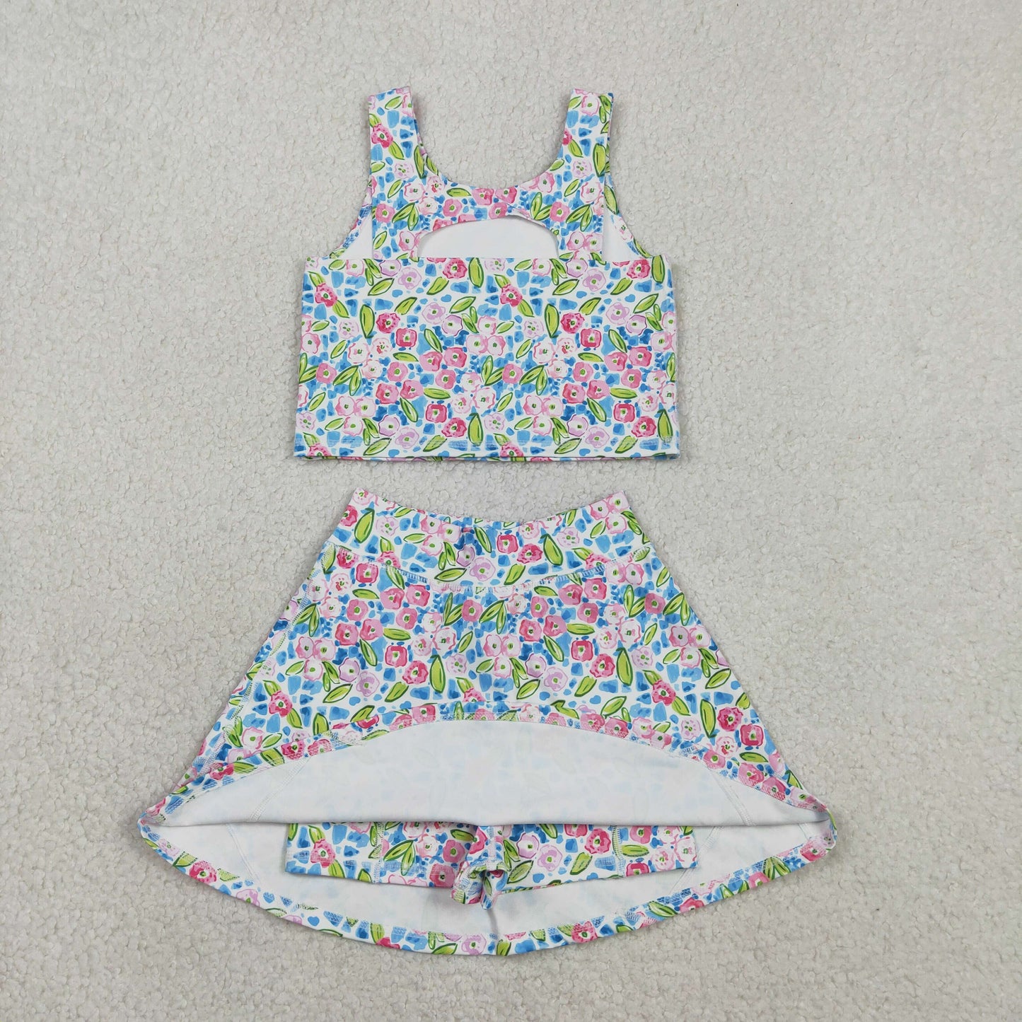 Baby Girls Blue Pink Floral Vest Top Shorts Skirts Yoga Activity Set