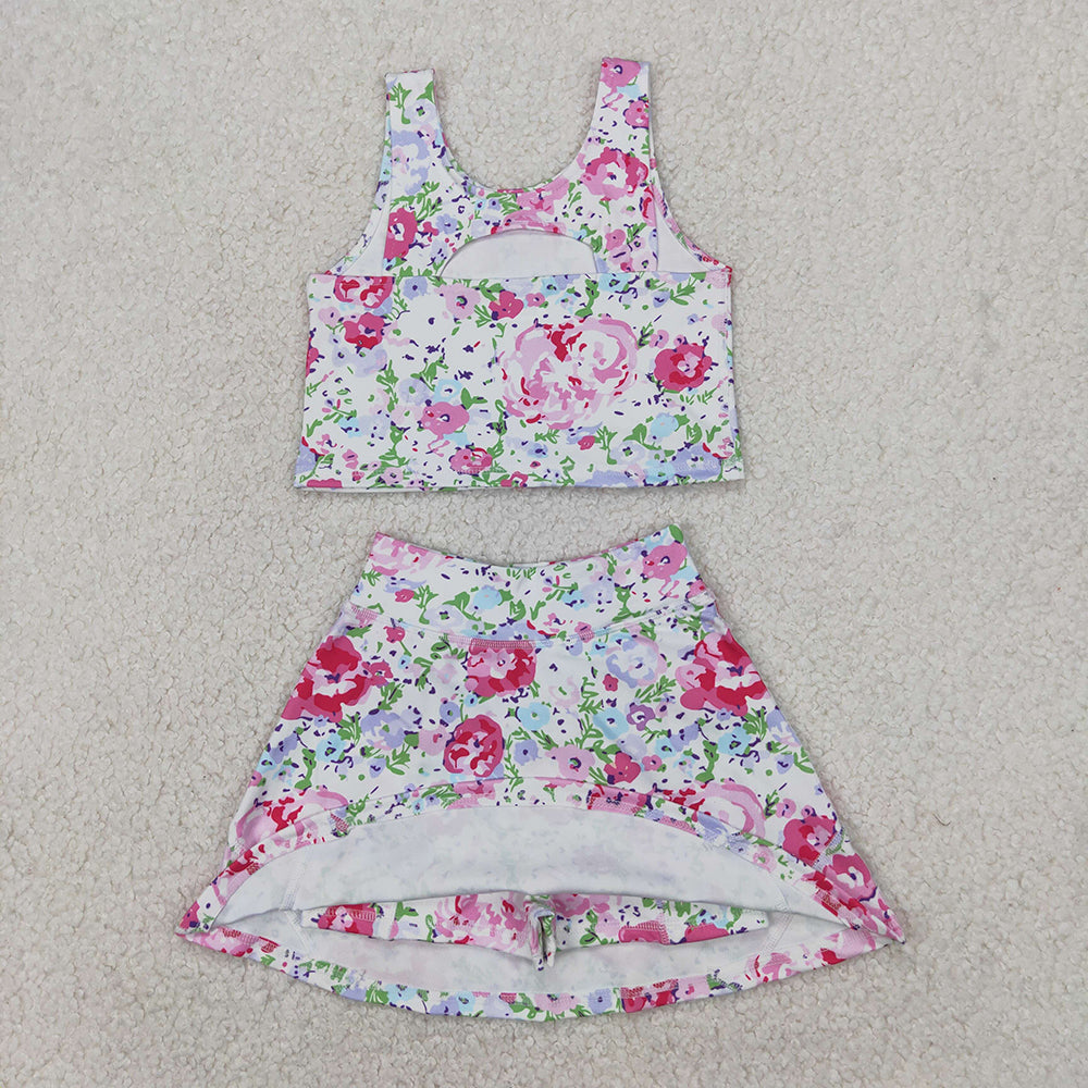 Baby Girls Pink Flowers Athletic Active Wear Top Shorts Skirts Clothes Sets