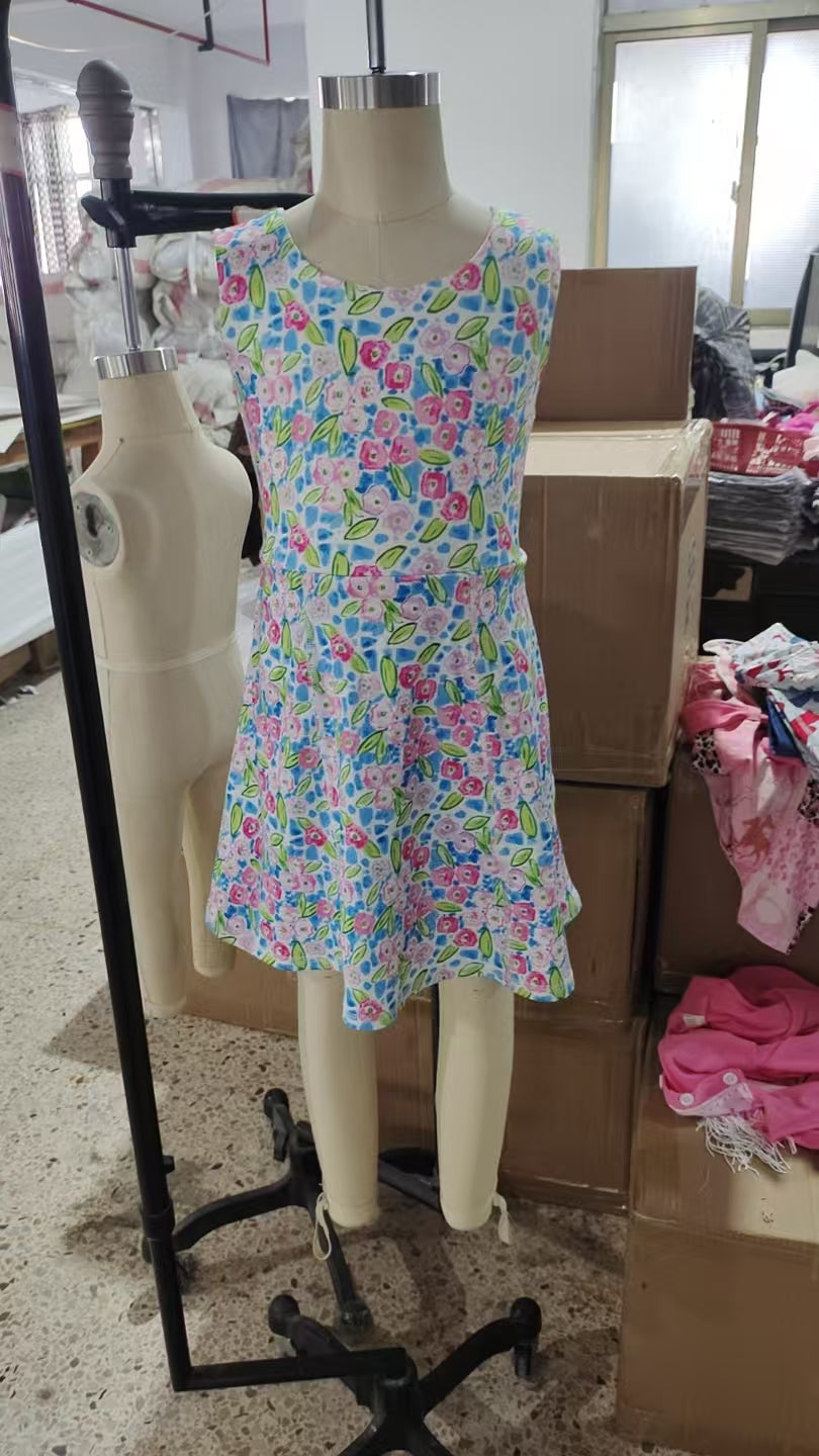 Baby Girls Blue Flowers Sleeveless Athletic Dresses