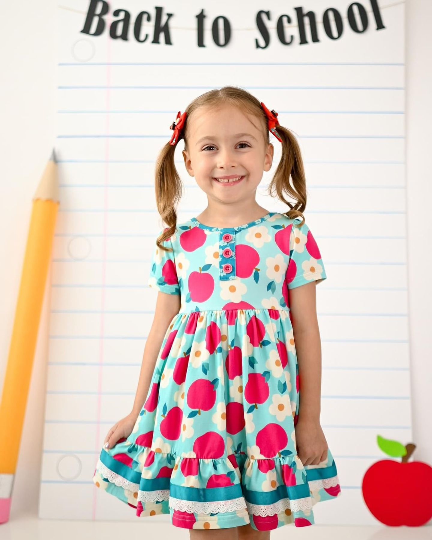 Baby Girls Flowers Apples Back To School Knee Length Dresses Preorder