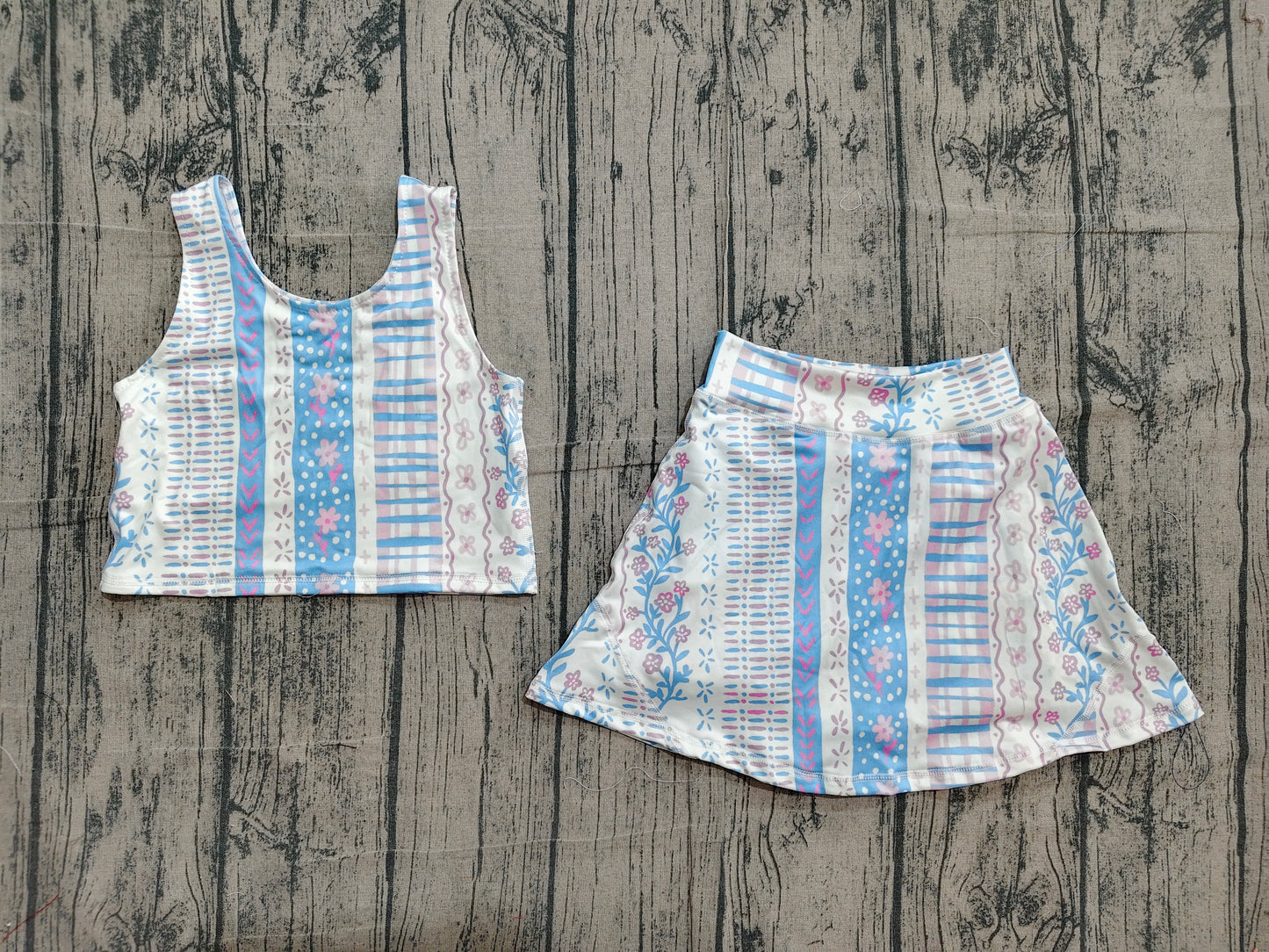 Baby Girls Blue Pink Flowers Vest Top Skirt Short Yoga Active Clothes Sets