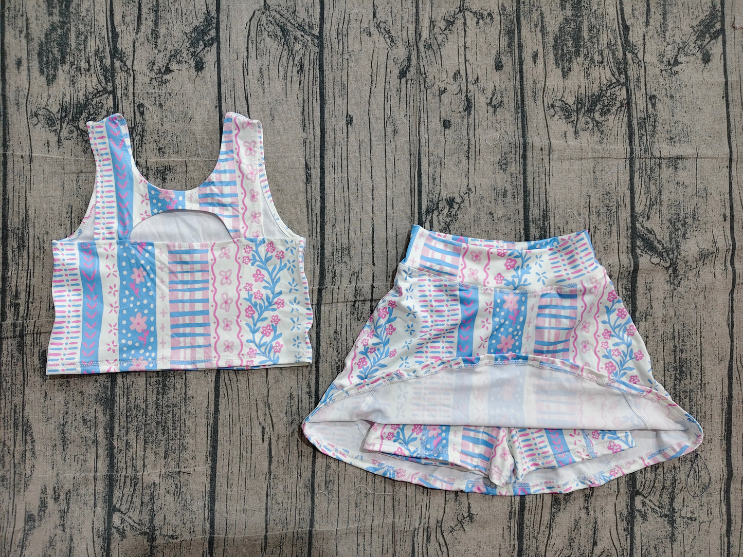 Baby Girls Blue Pink Flowers Vest Top Skirt Short Yoga Active Clothes Sets